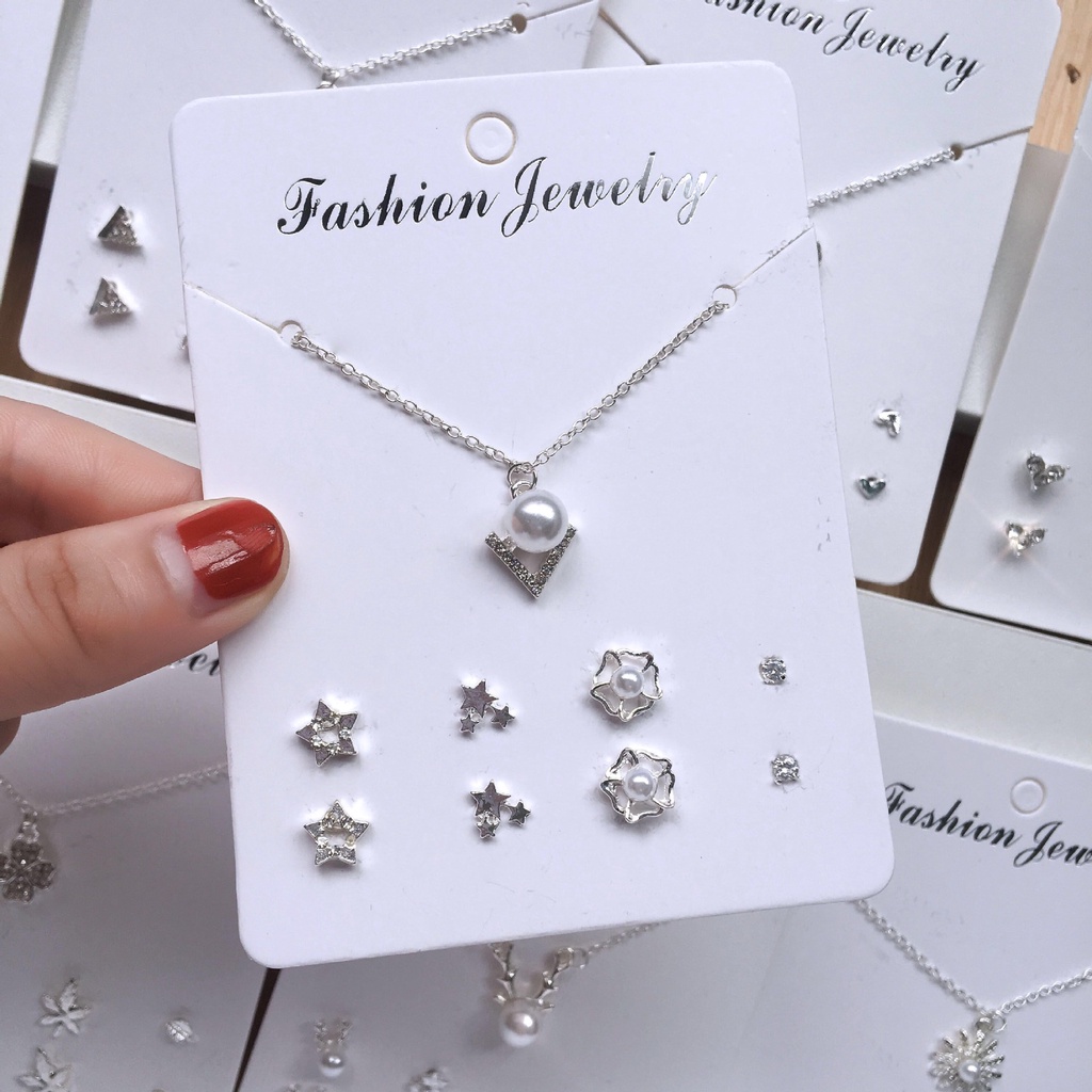 5 Pcs/set Empat Daun Mutiara Berbentuk Hati Clover Cross Wanita Kalung Satu Minggu Klavikula Rantai Anting-Anting Gabungan Set