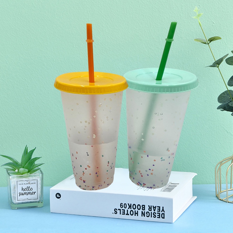 Color Changing Confetti Reusable Plastic Tumbler with Lid and Straw Cold Cup, 24 fl oz, Set of 1 or 5 OW