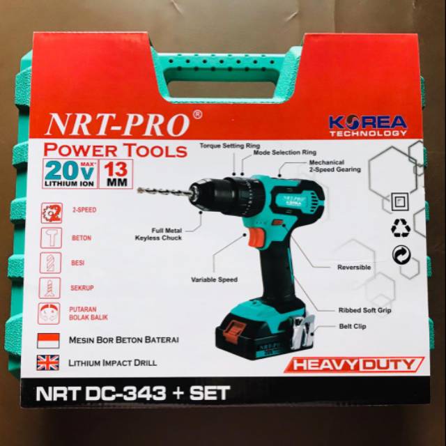 Bor Beton Baterai / Cordless Impact Drill NRT PRO type 343 + Set