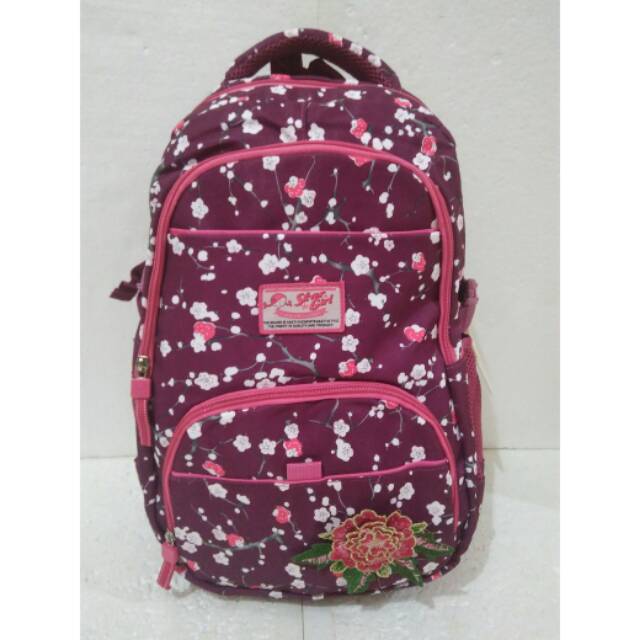 Tas ransel sekolah silver girl ungu kembang timbul ori import