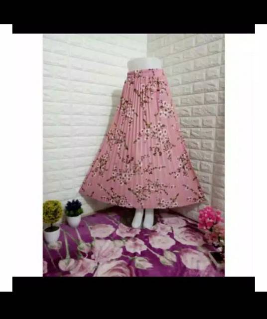 ROK PLISKET PREMIUM MOTIF BUNGA SAKURA MAYUNG REAL PICT