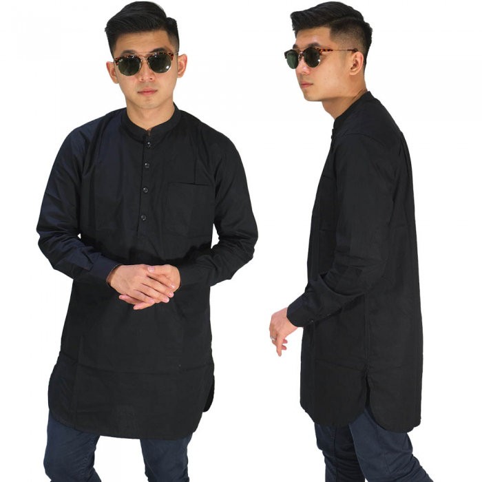 Baju Koko Muslim Kurta Gamis Pria Lengan Panjang Polos Hitam