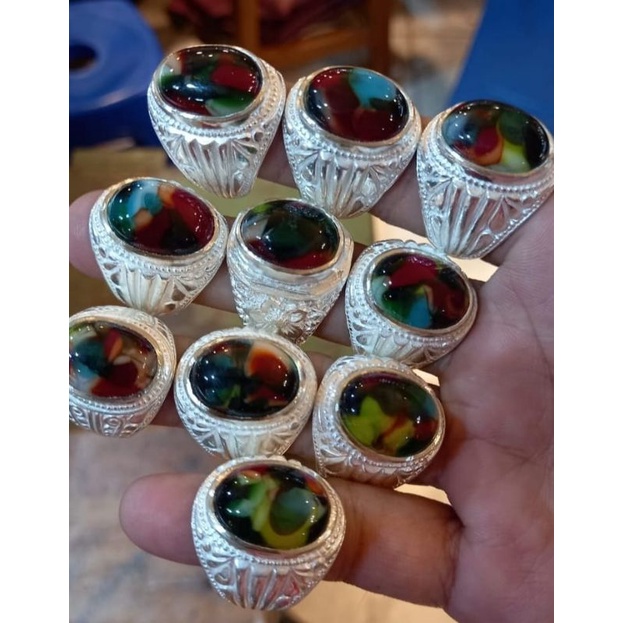 BATU AKIK PANCAWARNA RUBAH OPSIDIAN RING ALPAKA SUPER