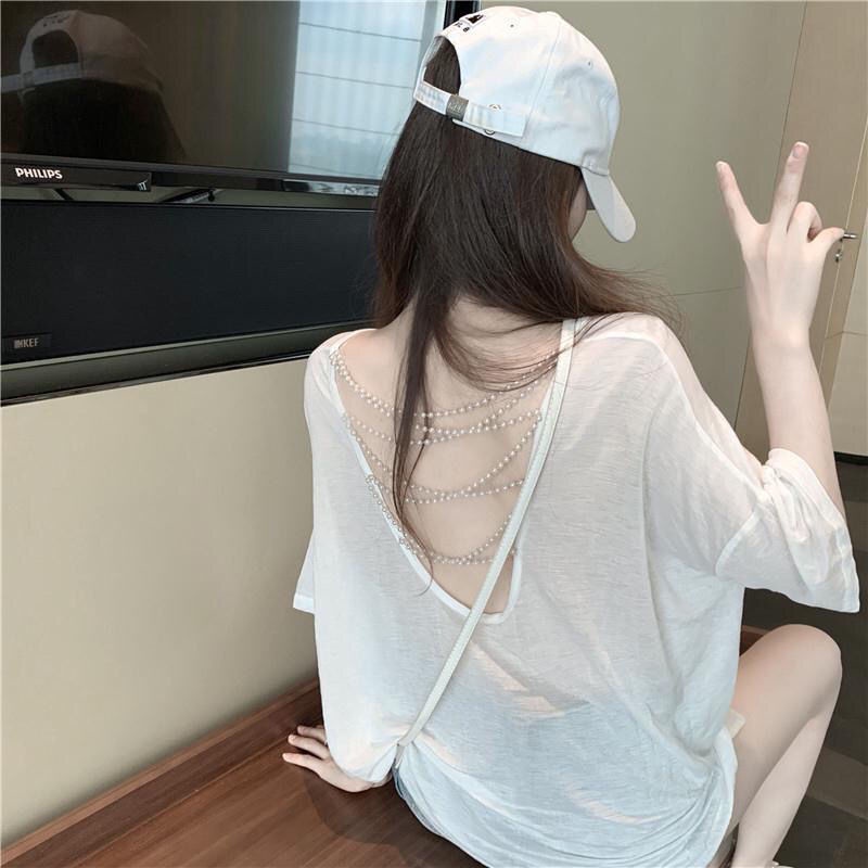 Suhao American Top Hati-hati Mesin Backless Pearl Hollow Tabir Surya T-shirt Musim Panas Longgar Len