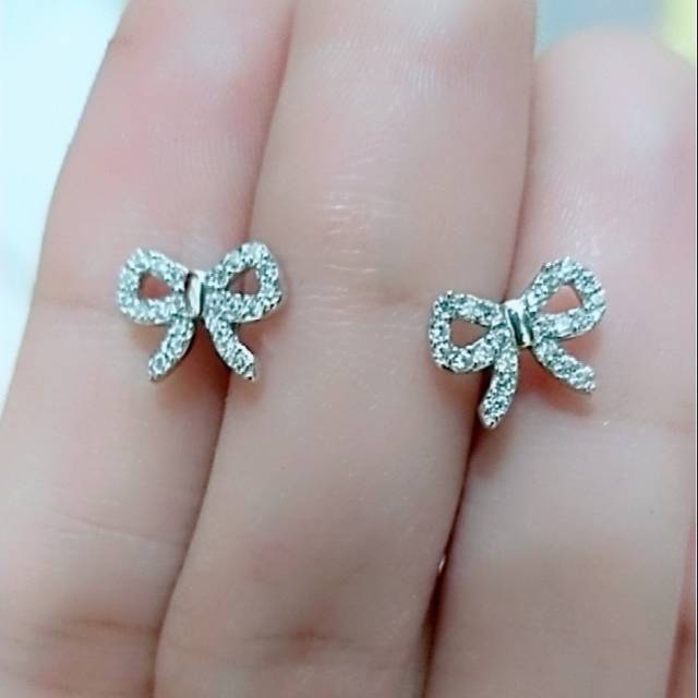 Giwang tusuk pita remaja & dewasa mata diamond putih  perak asli 925/silver lapisan emas putih murni