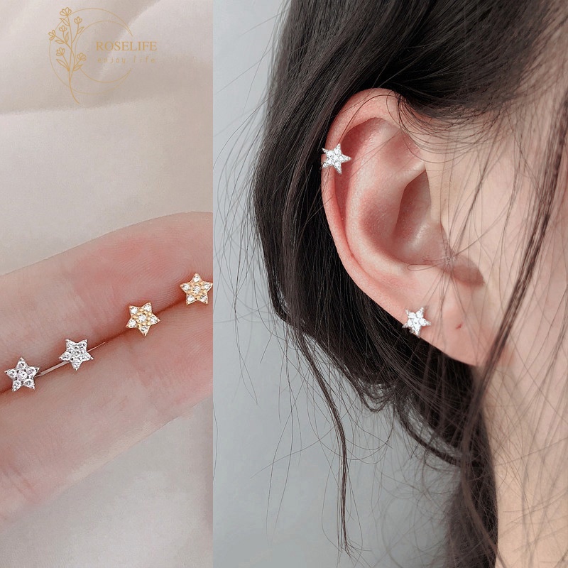 Roselife 1 Pasang Anting Tusuk Sterling Silver 925 Desain Bintang Hias Cubic Zirconia Gaya Korea Untuk Wanita