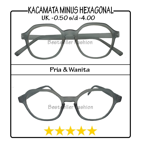 Kacamata Minus (+) uk. -0.50 s/d -4.00 Kacamata Rabun Jauh Model Hexagonal Abu Untuk Pria dan Wanita NOCASE