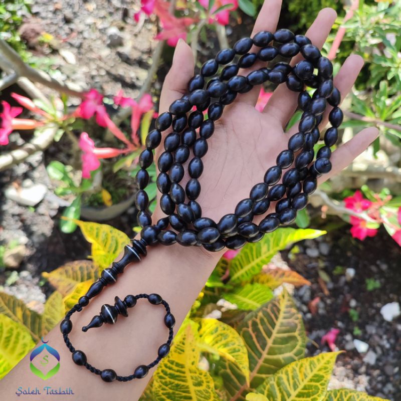 Tasbih Kayu Galih Kelor Hitam Motif Oval, Size 10mm x 14mm Asli_COD