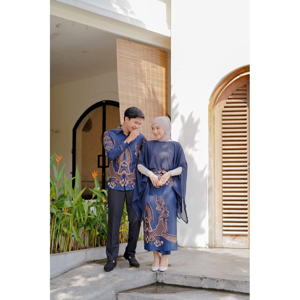 SET BATIK COUPLE KINAN NAVY (KEMEJA BATIK, ROK BATIK DAN SLENDANG, ATASAN) BAJU KONDANGAN, BAJU LAMA