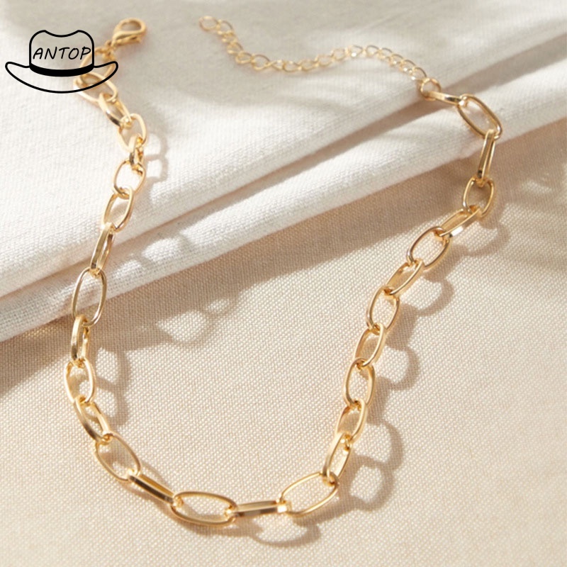 Kalung Rantai Tebal Besar Bahan Aluminum Warna Emas Gaya Punk Hip Hop Untuk Wanita ANTOP