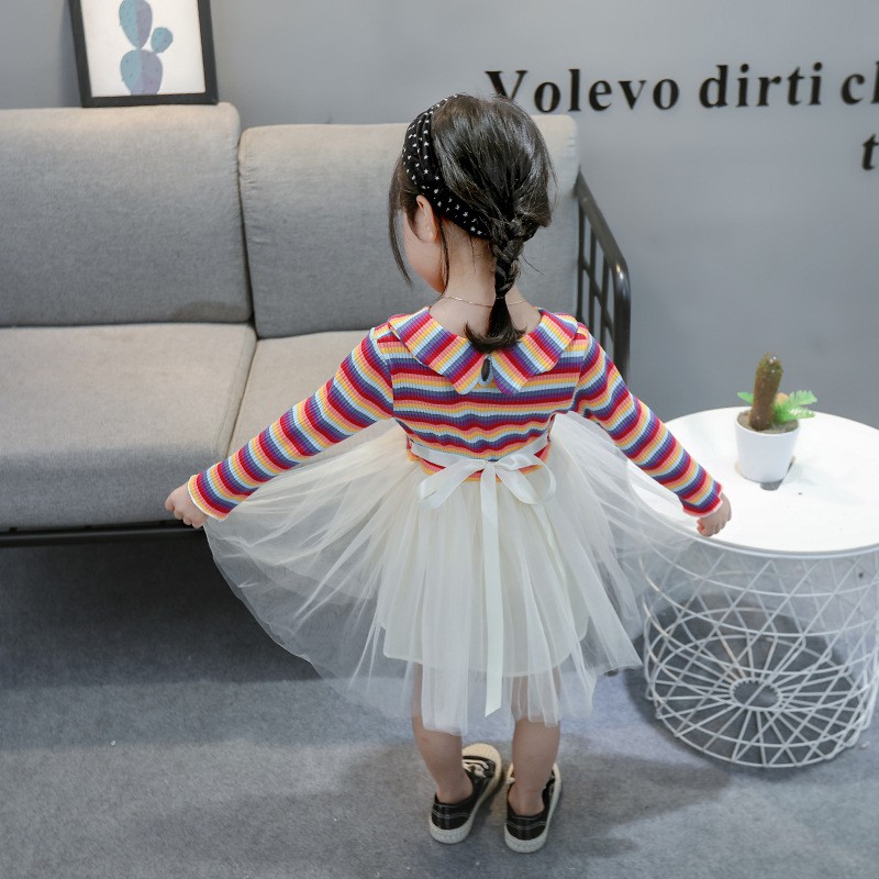 SALE DR60-Dress Anak Perempuan Lengan Panjang Rok Tutu Rainbow