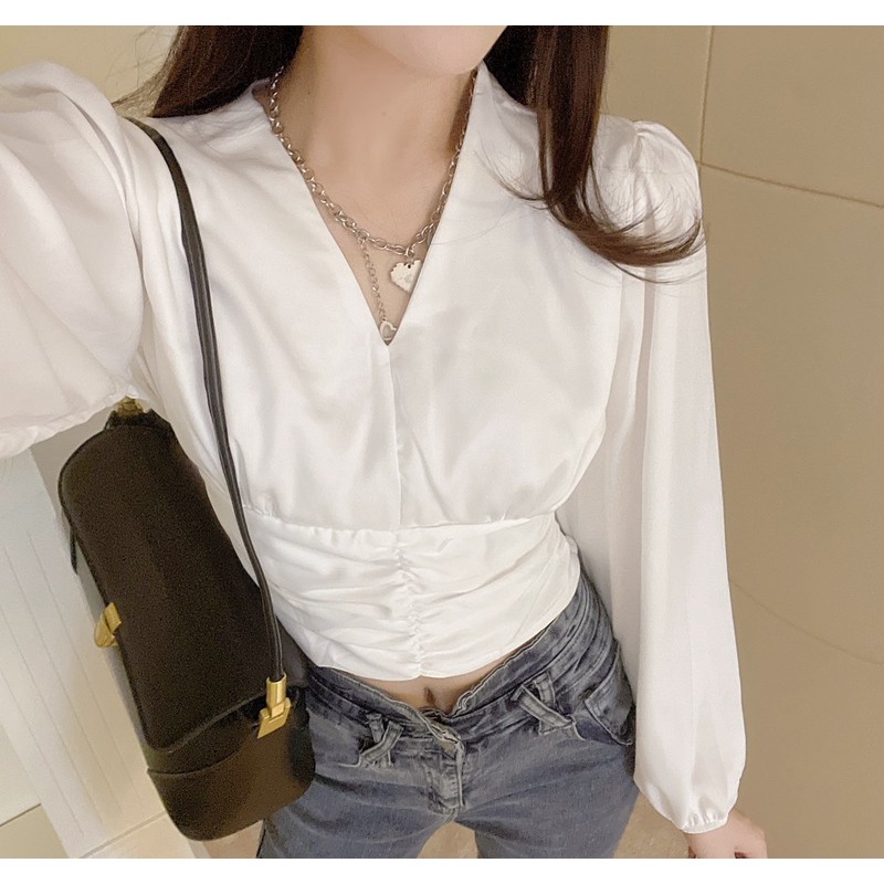 V-Neck Long Sleeve Pleated Satin Top 1388 (S-XL)