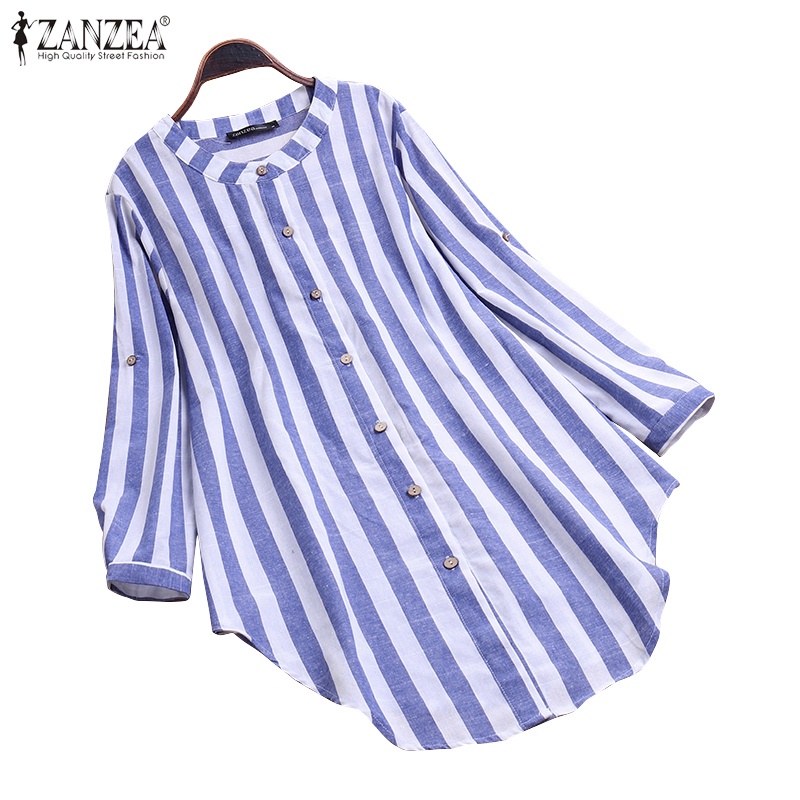 ZANZEA Women Long Sleeve Buttons Down Stripe Asymmetrical Hem Blouse