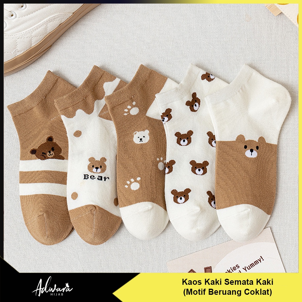 Kaos Kaki Wanita Pendek Semata Kaki Motif Beruang Coklat Gaya Korean (Sudah Dikemas Plastik OPP)