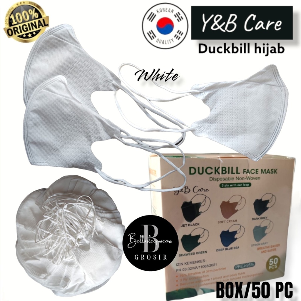 HIJAB DUCKBILL YB 50 - MASKER DUCKBILL 3PLY HIJAB GARIS Y&amp;B CARE KOREA PUTIH HITAM ABU