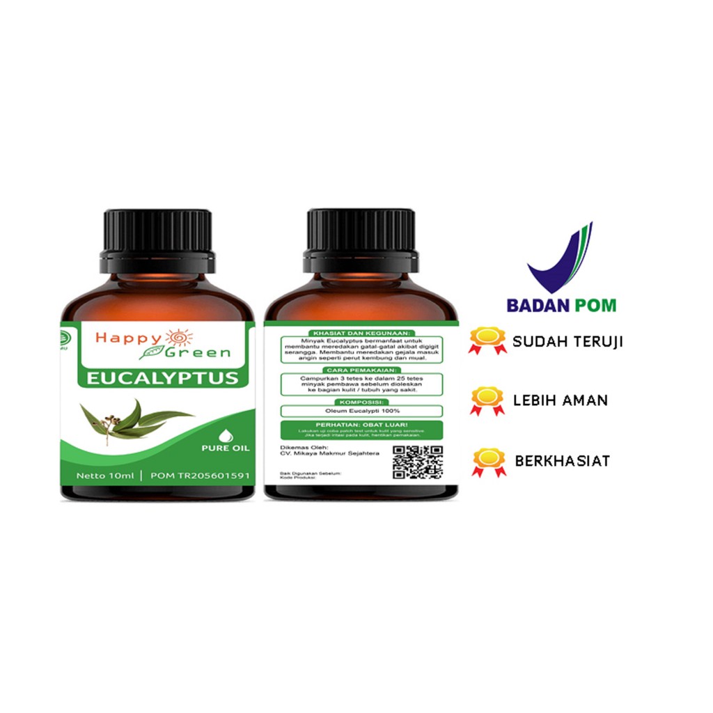 BPOM Happy Green Eucalyptus Globulus Essential Oil - Minyak Ekaliptus 100% Pure Garansi Uang Kembali