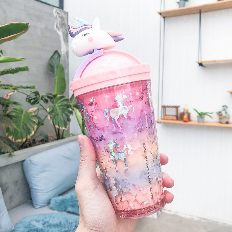 GELAS TUMBLER UNICORN RAINBOW GLITTER 450ML BOTOL MINUM ANAK KADO HADIAH PEREMPUAN CEWEK