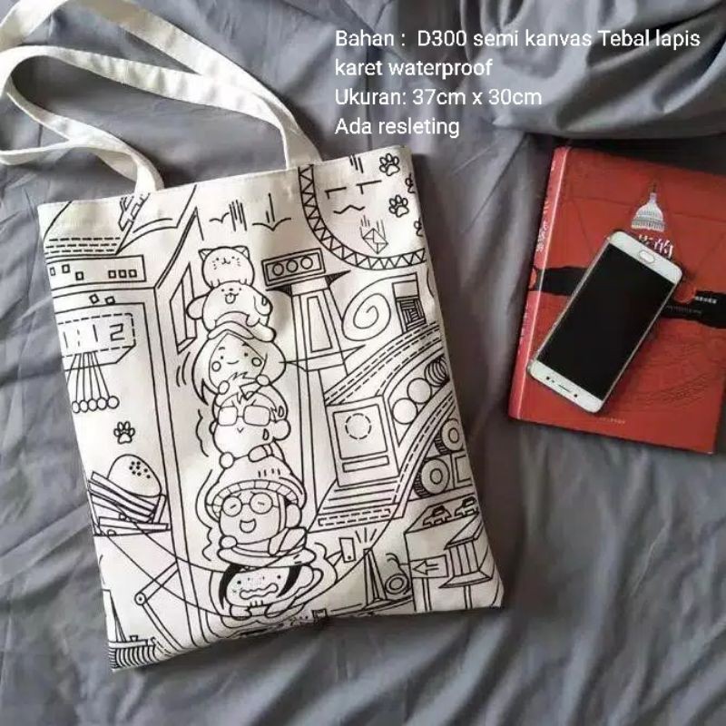 tas tote bag line art chibi doodle tas jinjing totebag high quality murah