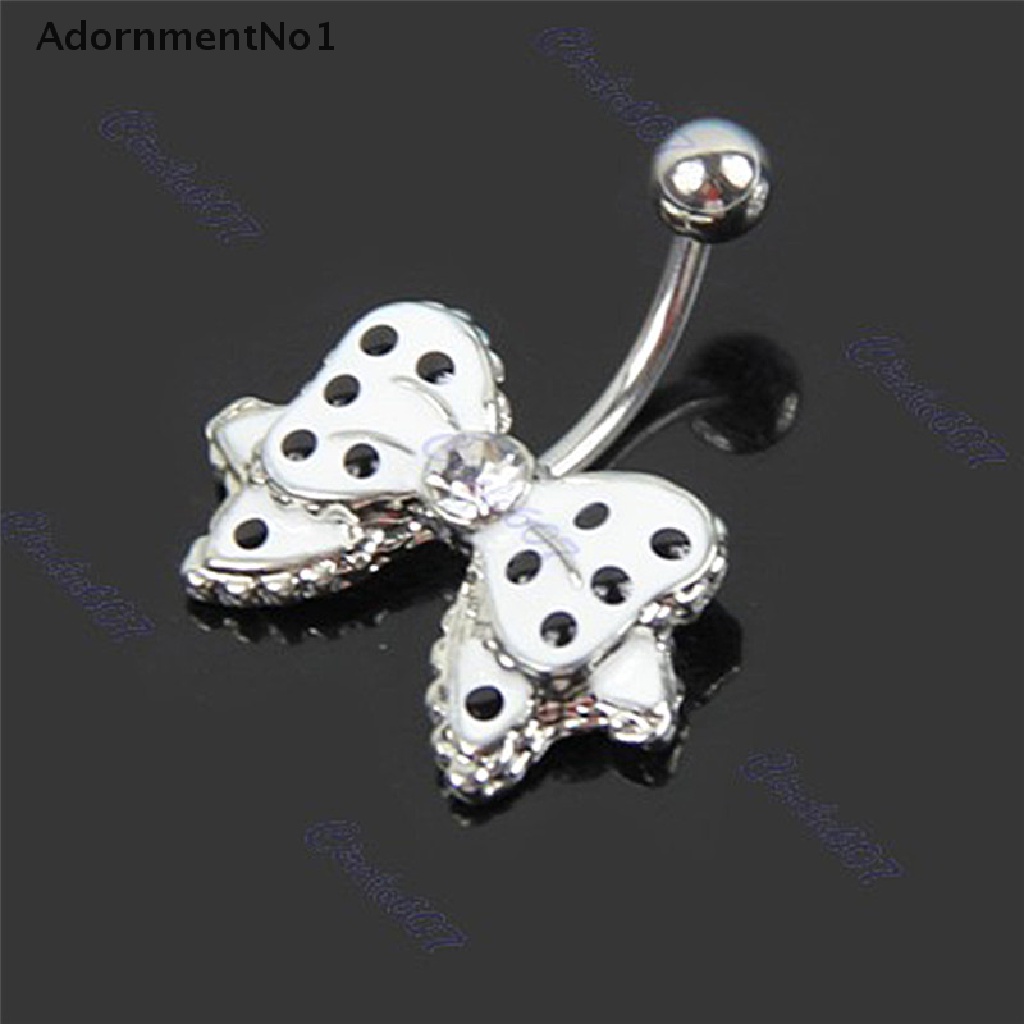 (AdornmentNo1) Cincin Tindik Pusar Desain Pita Motif Polkadot Hitam Putih Hias Kristal Untuk Wanita