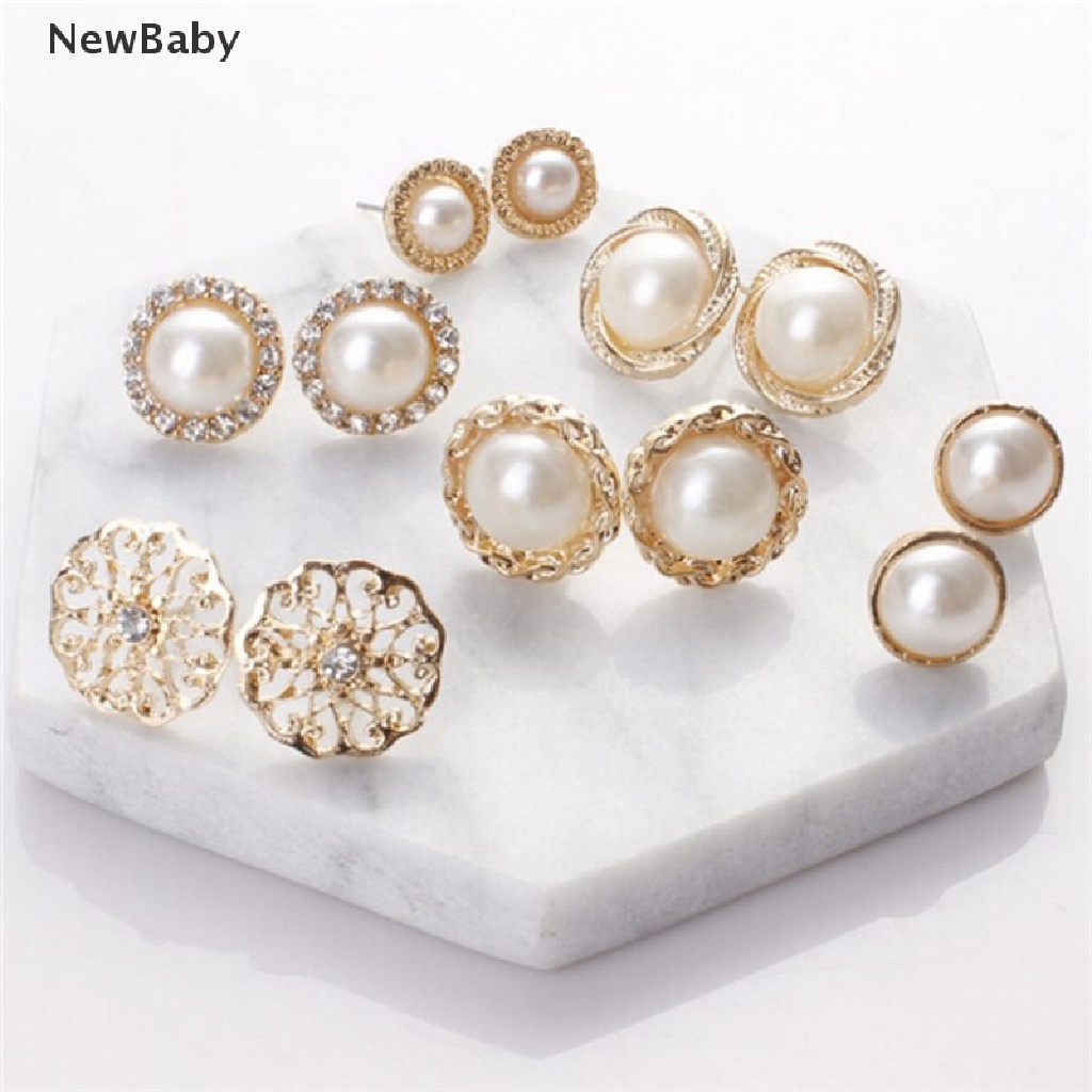 NewBaby 6 Pairs Elegant Crystal Rhinestone Diamond Pearl Sign Ears Tiny Studs Earrings ID