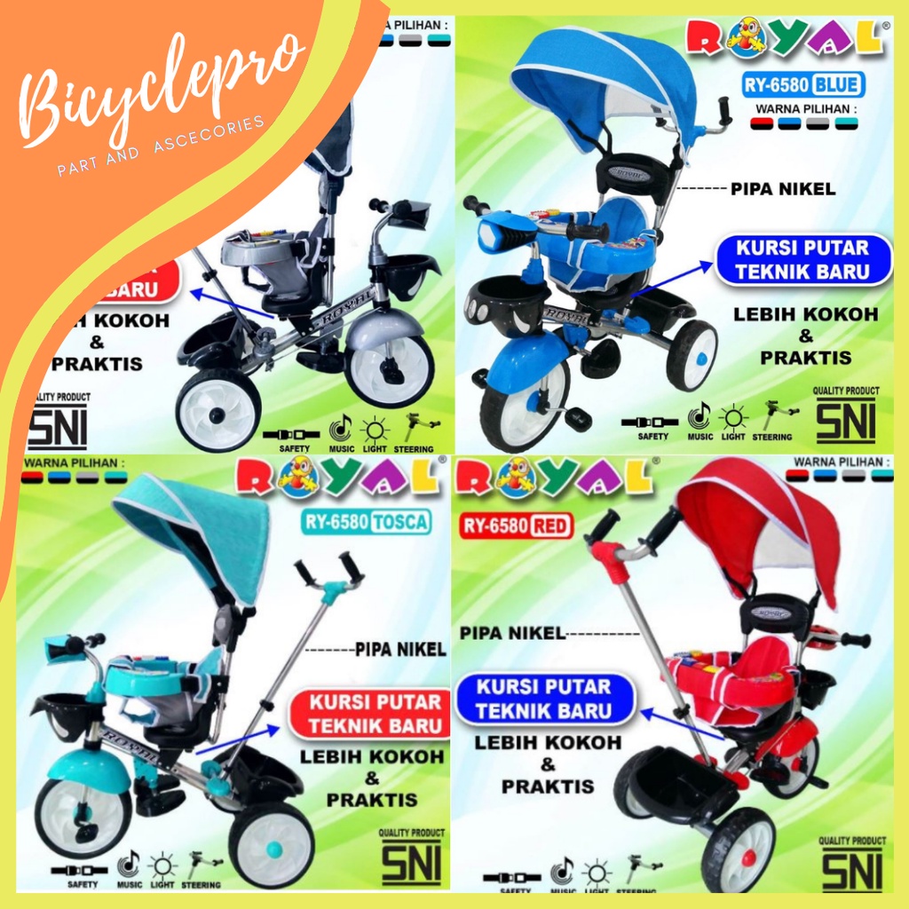 SEPEDA ANAK RODA TIGA 3 ROYAL RY-6580 Canopy Dorong Musik Kursi Bangku Putar