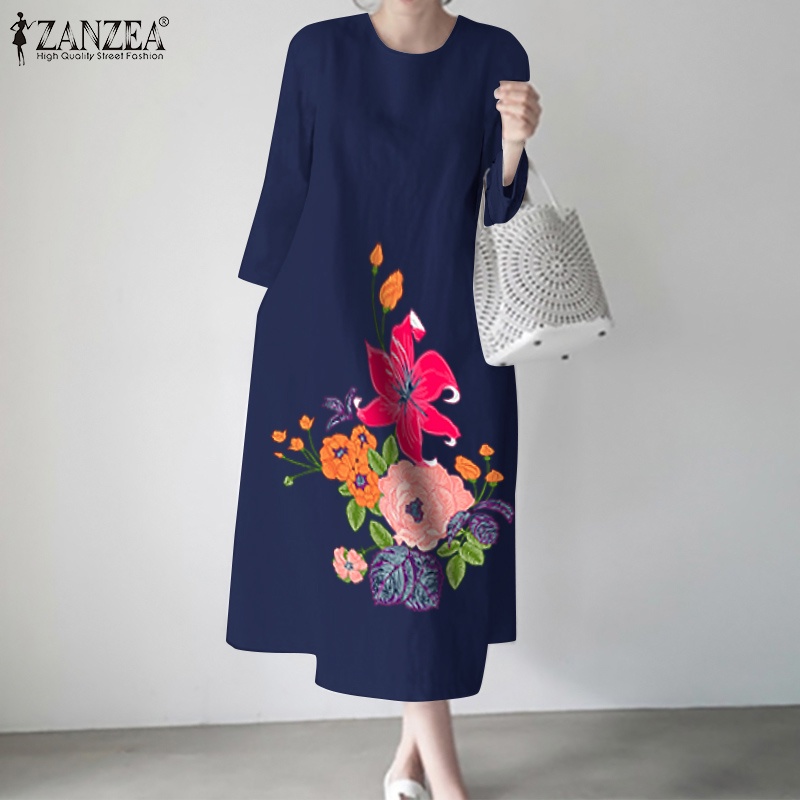 Vintage Casual Printed Women Dress 2021 ZANZEA Spring Autumn Long Sleeve Midi Dress Vestido Solid Lo
