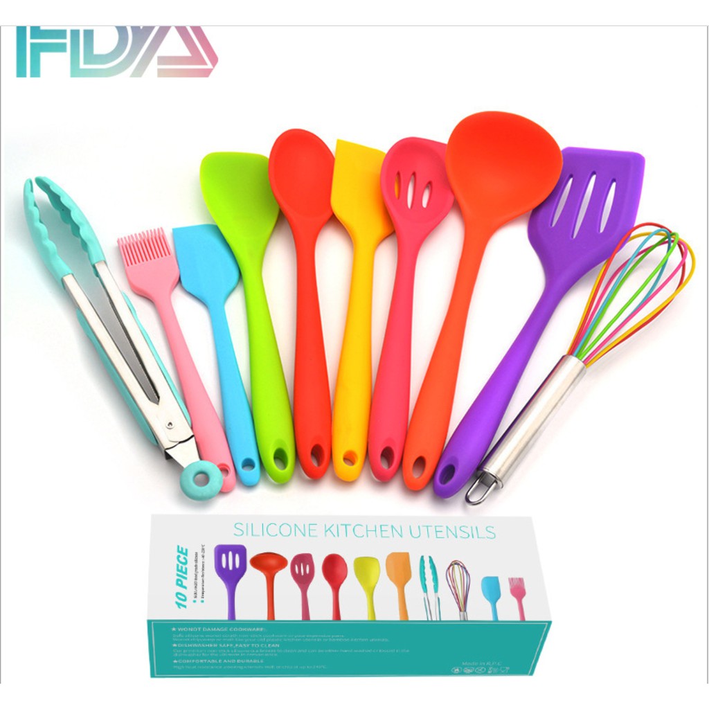 Sillicone Utensil Set 10 Pcs / Peralatan Masak Sutil Spatula Silikon Dapur Warna Warni