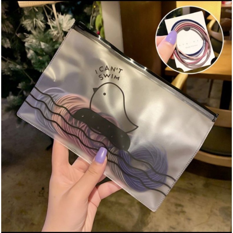 Ikat Rambut Korea I Can Swim isi 100 & 50 Pcs Warna Warni + Pouch Aksesoris Rambut-Mix 1