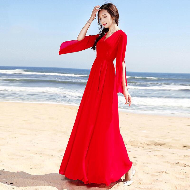 Baju Pantai Wanita Hijab ℗✙Bohemian summer dress 2022 baru slim fit chiffon dress seaside holiday be