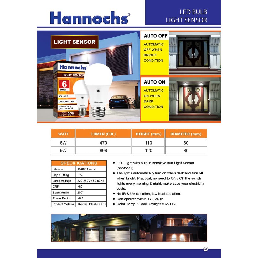 GARANSI 1 TAHUN !! HANNOCHS LIGHT SENSOR LED 6 watt dan 9 watt Lampu Sensor Cahaya