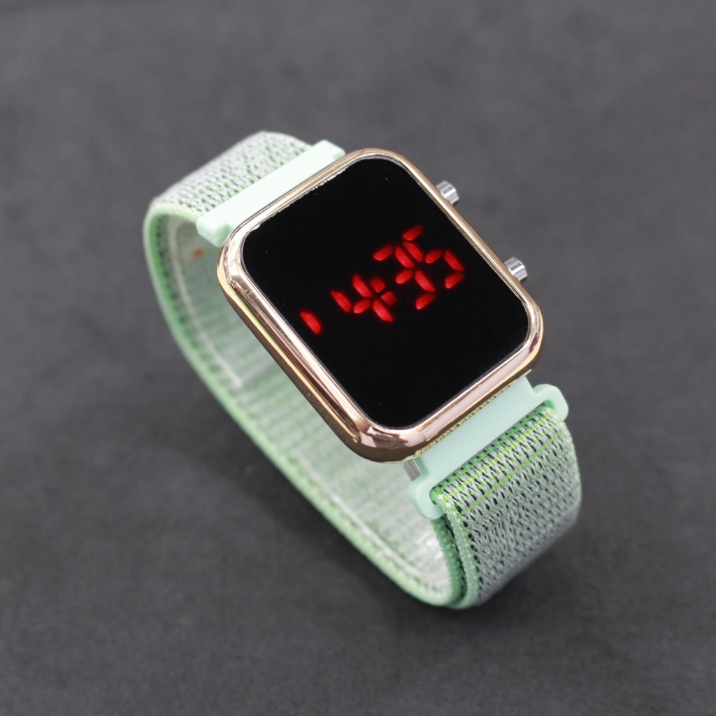 Jam Tangan Fashion Pria Wanita LED Watch Strap Kanvas Segi Case Gold