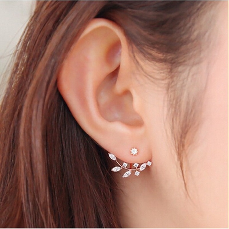 Fashion Street Shooting Leaf Zircon Branch Rear Hanging Rhinestone Leaf Earrings