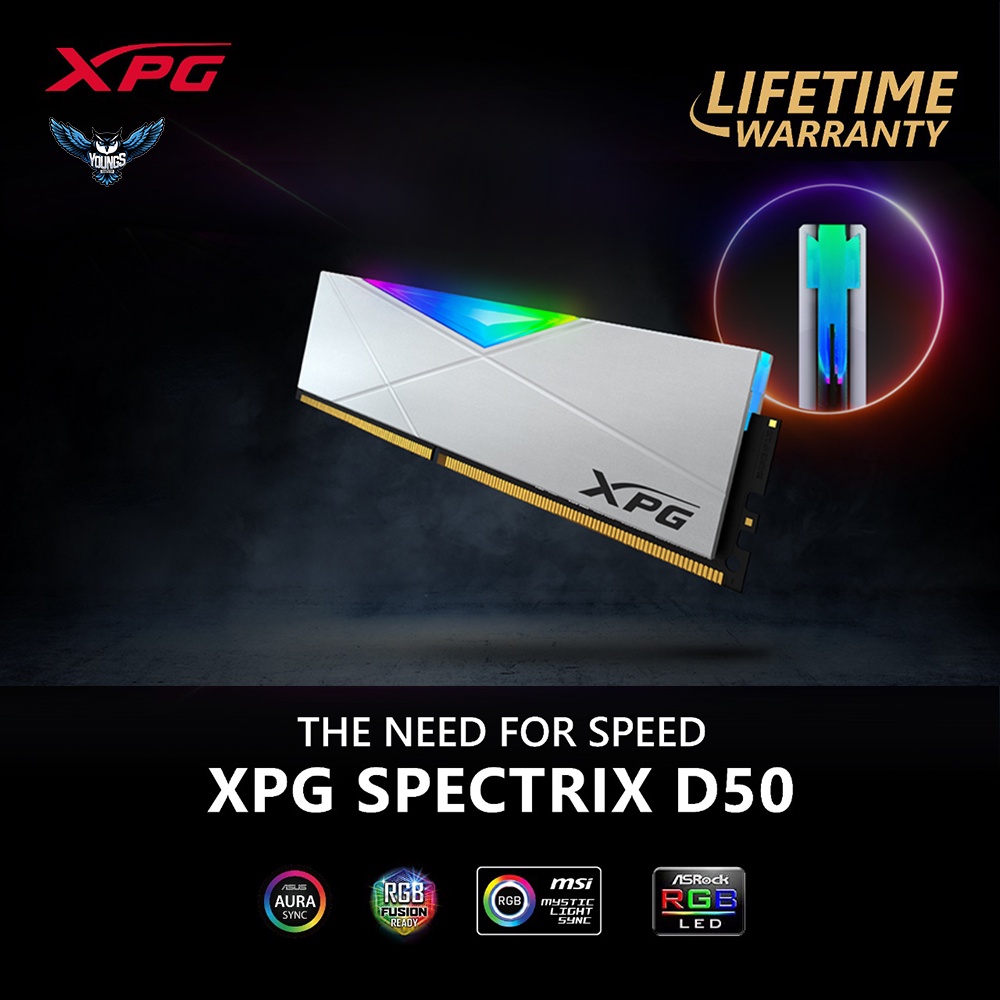 RAM XPG SPECTRIX D50 RGB 8GB 3200 WHITE - ddr4 pc 3200mhz adata single