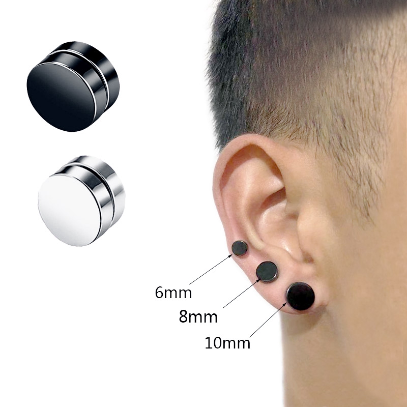 1 Pasang Anting Stud Magnetik Bentuk Bulat Tanpa Tindik Gaya Punk Untuk Pria