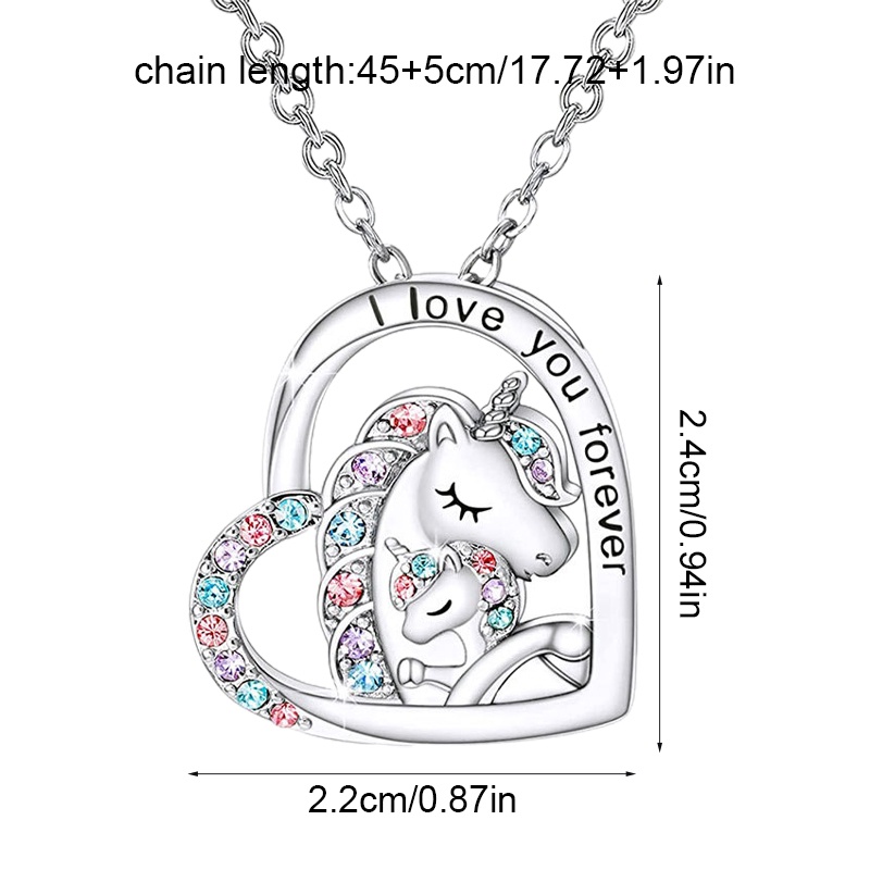 Kalung 925 Sterling Silver Dengan Liontin Bentuk Hati Motif I Love You Forever Mom Dan Baby Unicorn