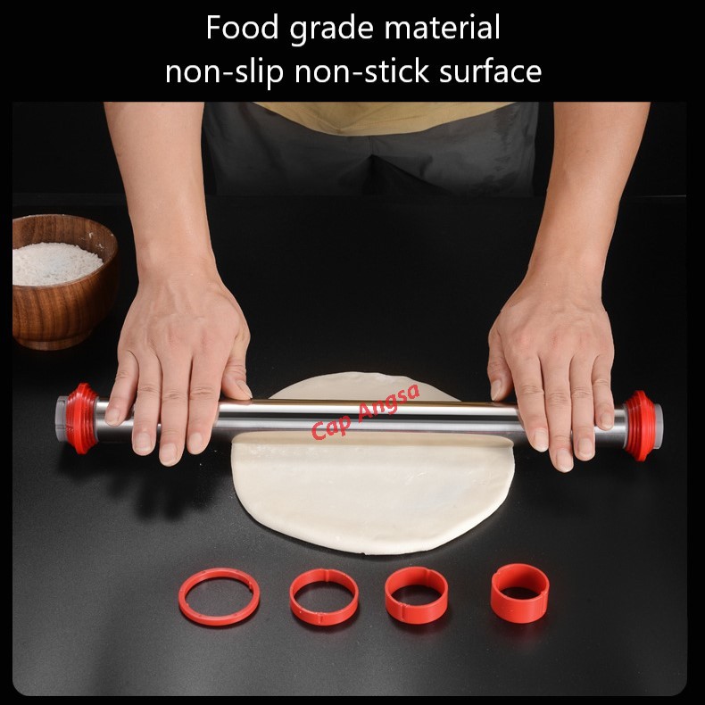 ROLLING PIN ADJUSTABLE THICKNESS STAINLESS STEEL 4 SIZE GILINGAN PENGGILING GILASAN ADONAN KUE ROTI