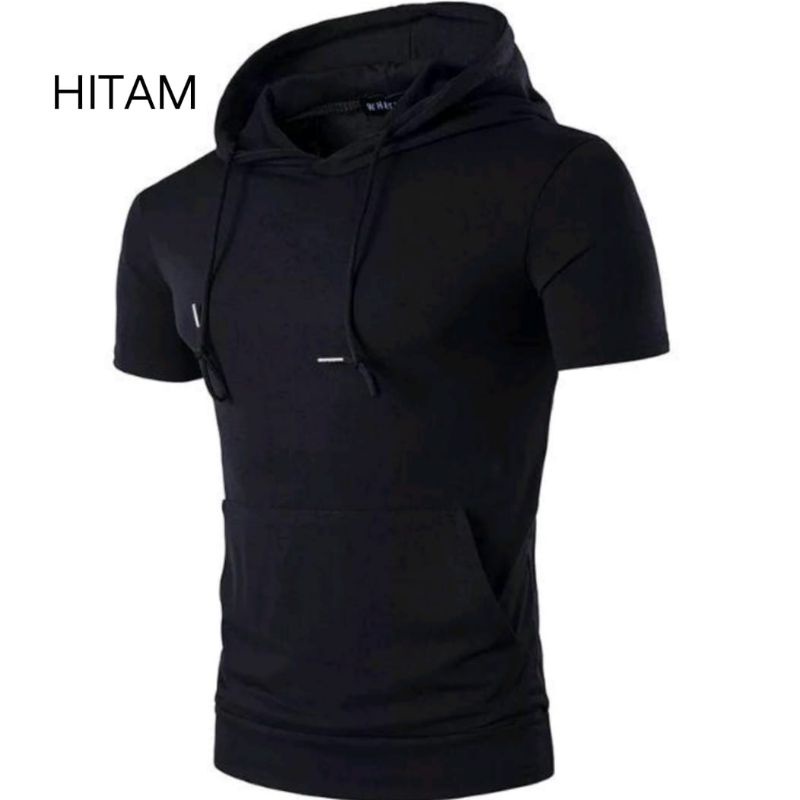 kaos kupluk/hoodie lengan pendek kantong depan polos