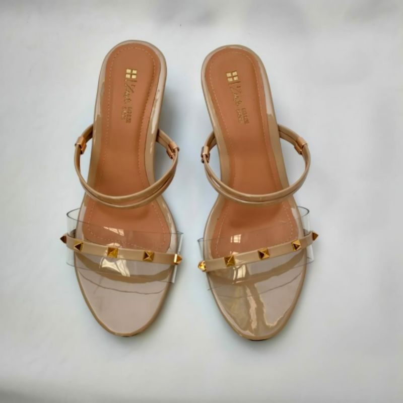 Sandal Makazi Wanita Big Size 41 42 43 44 45 / Slop Valentino Hak Kaca 5cm JUMBO Besar Heel Krem, 41