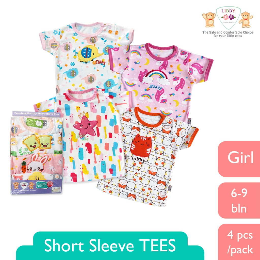 LIBBY Short Sleeve Tees 0-24 BLN Motif RANDOM (1 PACK/SET) Isi 4pcs / Baju Kaos Bayi Lengan Pendek