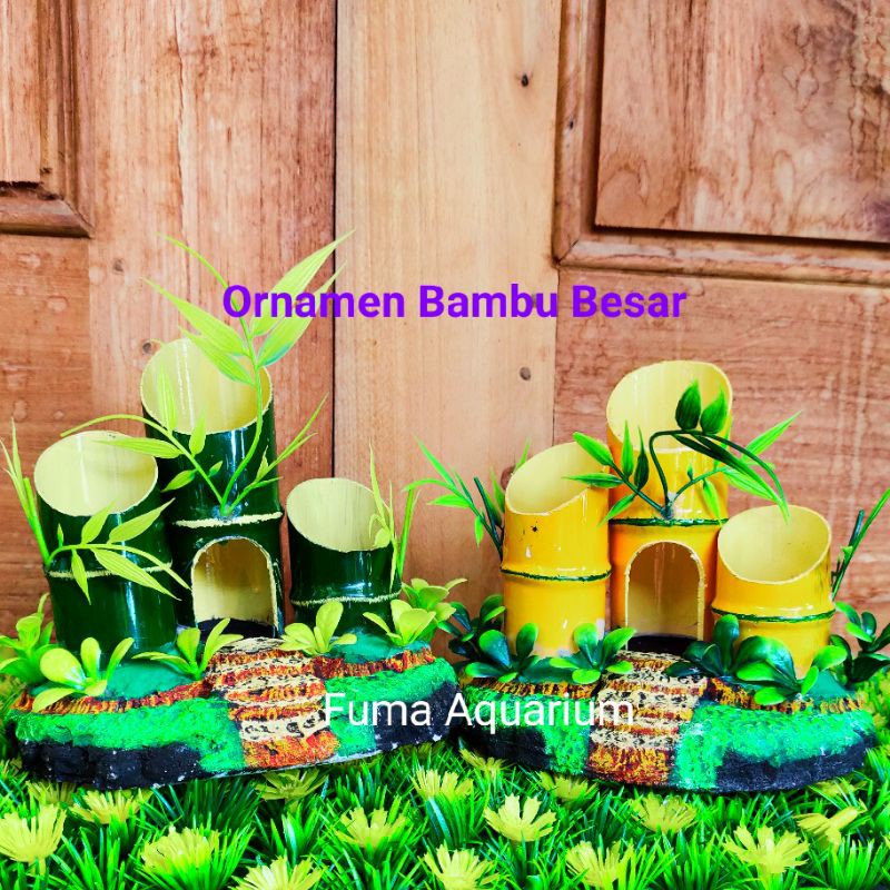 Ornamen Relief Hiasan Dekorasi Aquarium Aquascape model Bambu Besar Kuning Dan Hijau