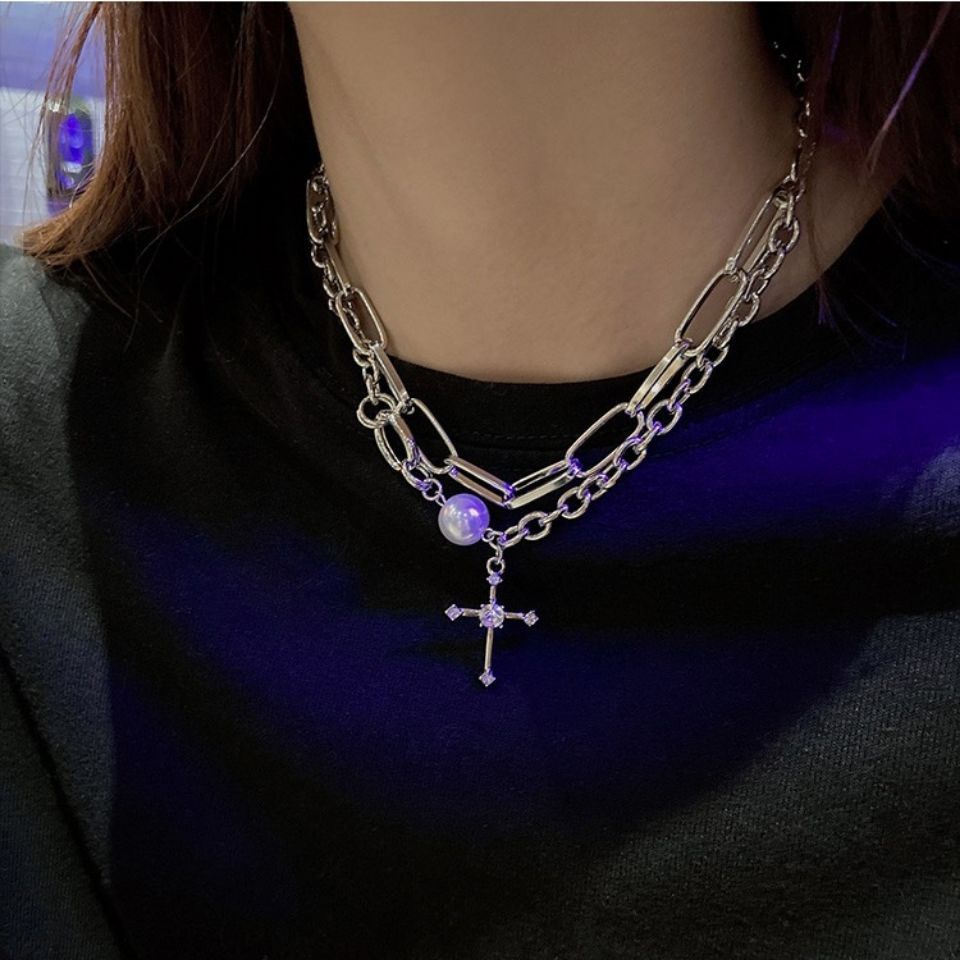 Cross Double Layered Necklace Hip Hop Pearl Pendant Clavicle Chain