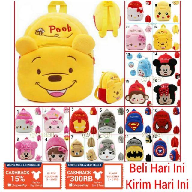 ready jkt Tas anak sekolah paud tk import bludru boneka play group balita karakter bag