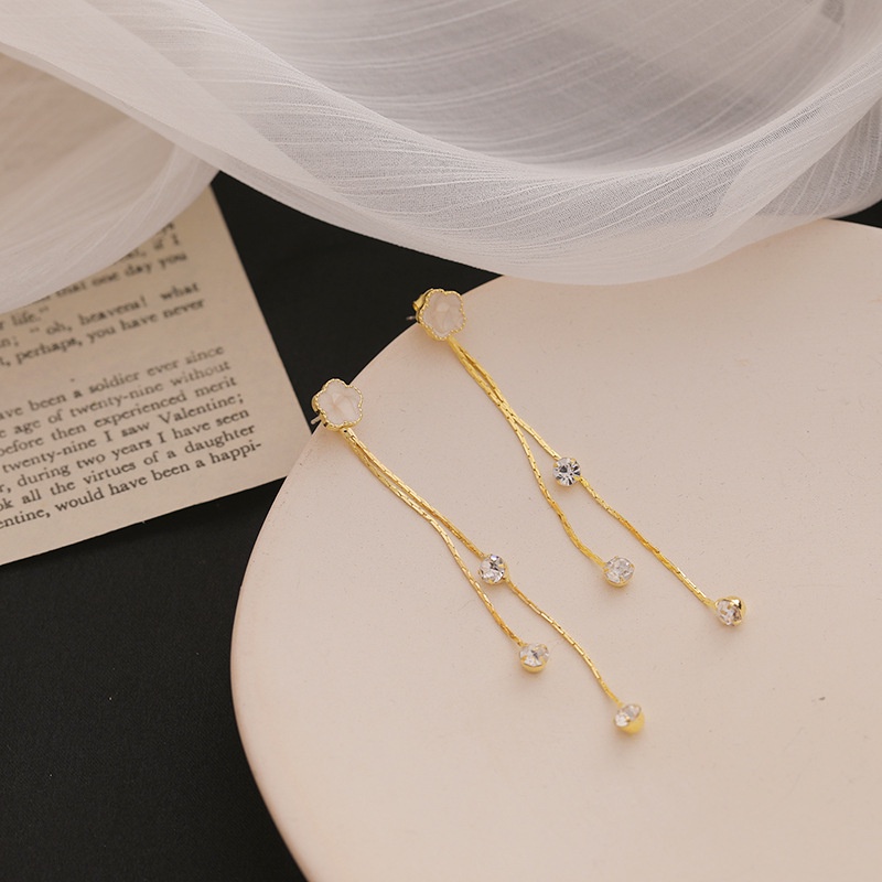 Sterling silver jarum gaya Korea long drip mengkilap bunga temperamental jumbai internet influencer