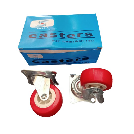 [4 Pcs] Roda Caster Triple-S Nylon Merah 2 Inch + Rem - Roda Gepeng Kursi Troli Koper