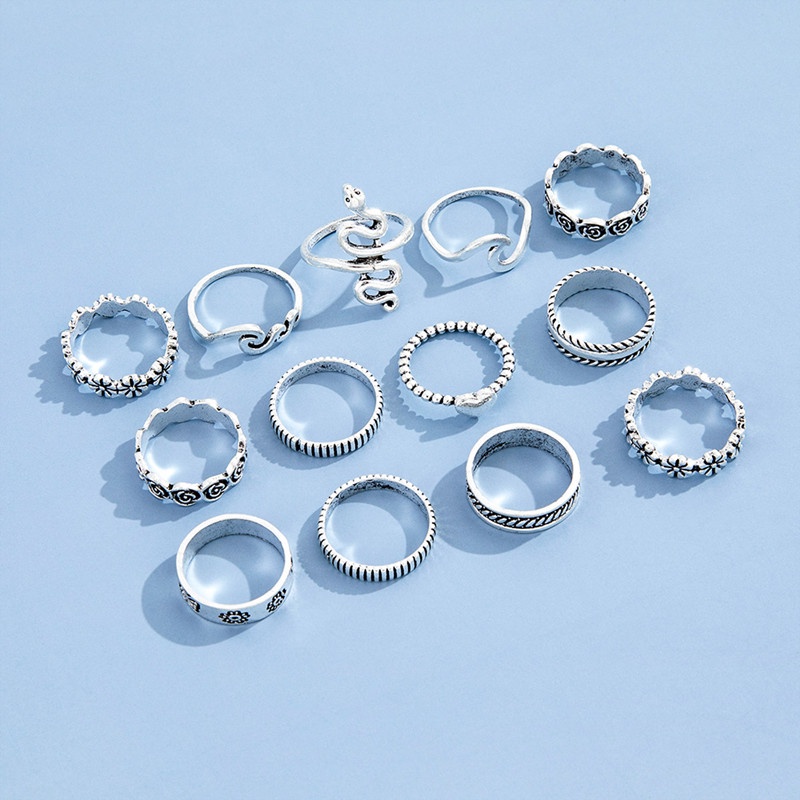 13pcs / Set Cincin Silver Vintage Desain Ular / Bunga / Ombak Untuk Wanita