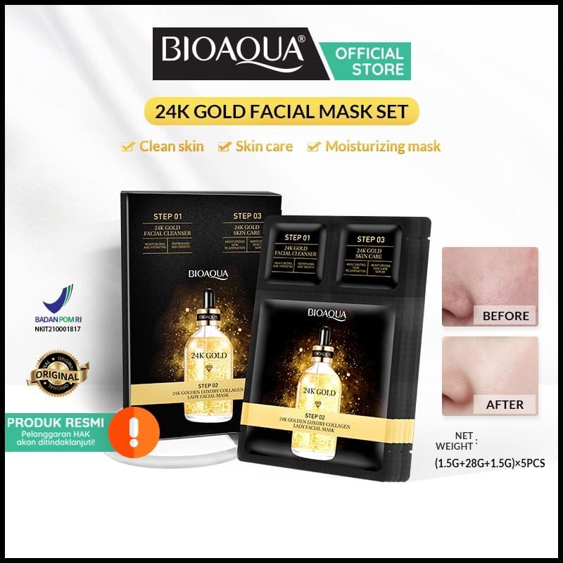 {DS}【BPOM】BIOAQUA 24K Gold Facial Mask set (1.5g+28g+1.5g)×5pcs contain facial