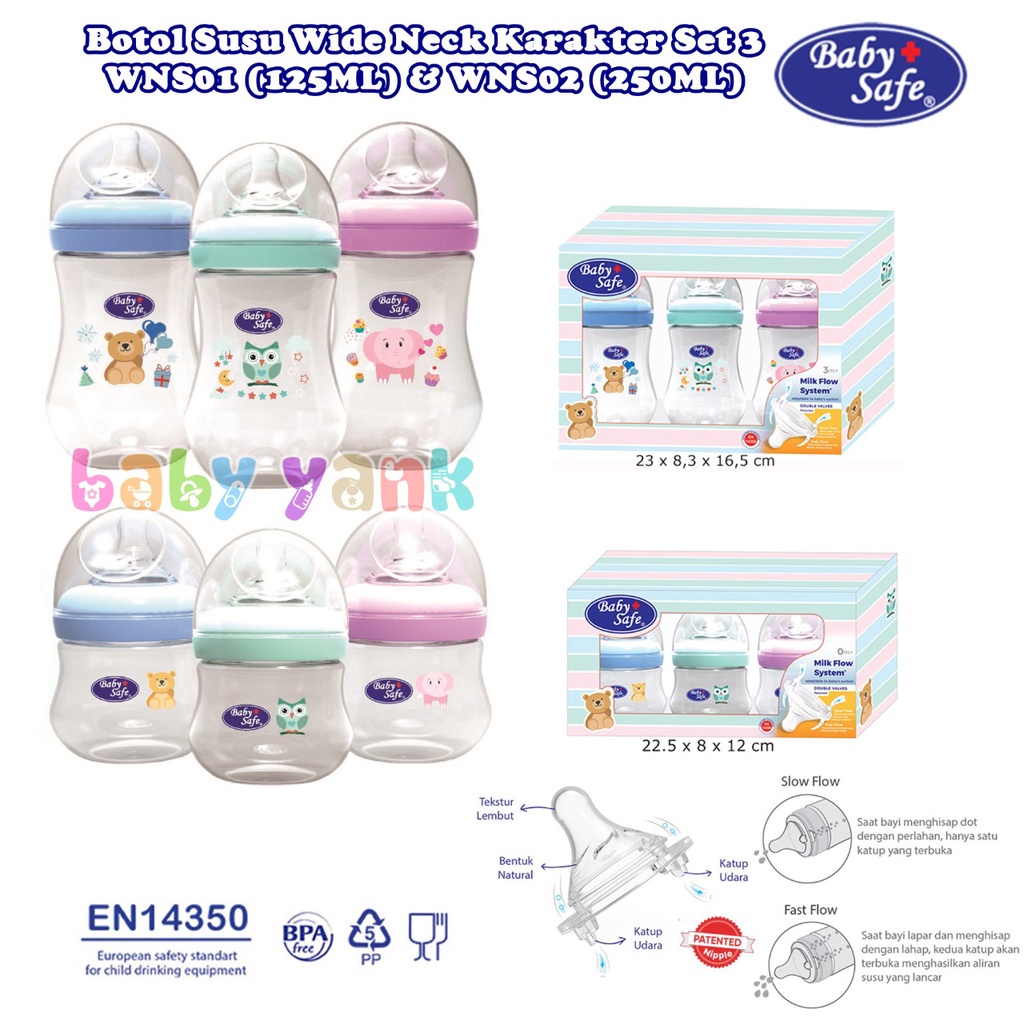 ♥BabyYank♥ [ISI 3] BABYSAFE WIDE NECK BOTTLE KARAKTER 125ML 250ML WNS01 WNS02 / BOTOL SUSU BABYSAFE BABY SAFE