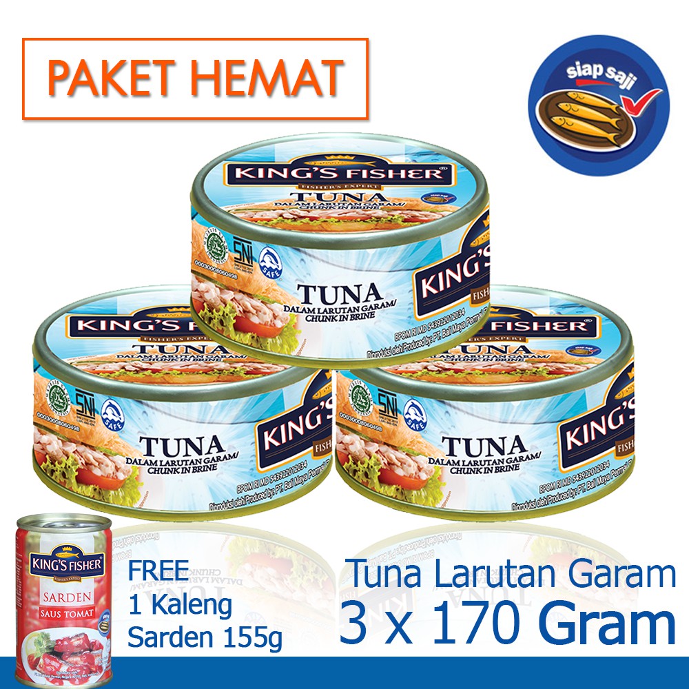 

MyHomey Paket 3 pcs King's Fisher Tuna dalam Air Garam 170g gratis sarden 155g