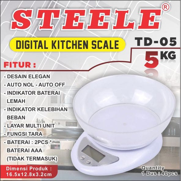 STEELE TD-05 Timbangan Kue Dapur Digital 5 Kg FREE BUBBLE PLUS GARANSI