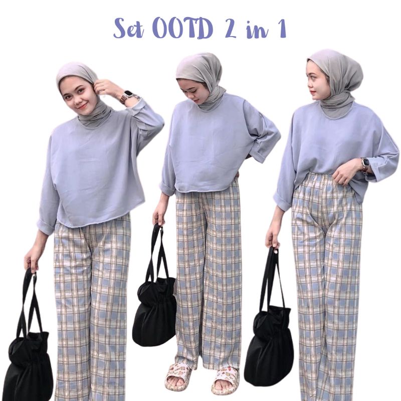 One Set Grey Blue Blouse Crop + Celana tartan Kulot - Setelan Wanita Korean Style